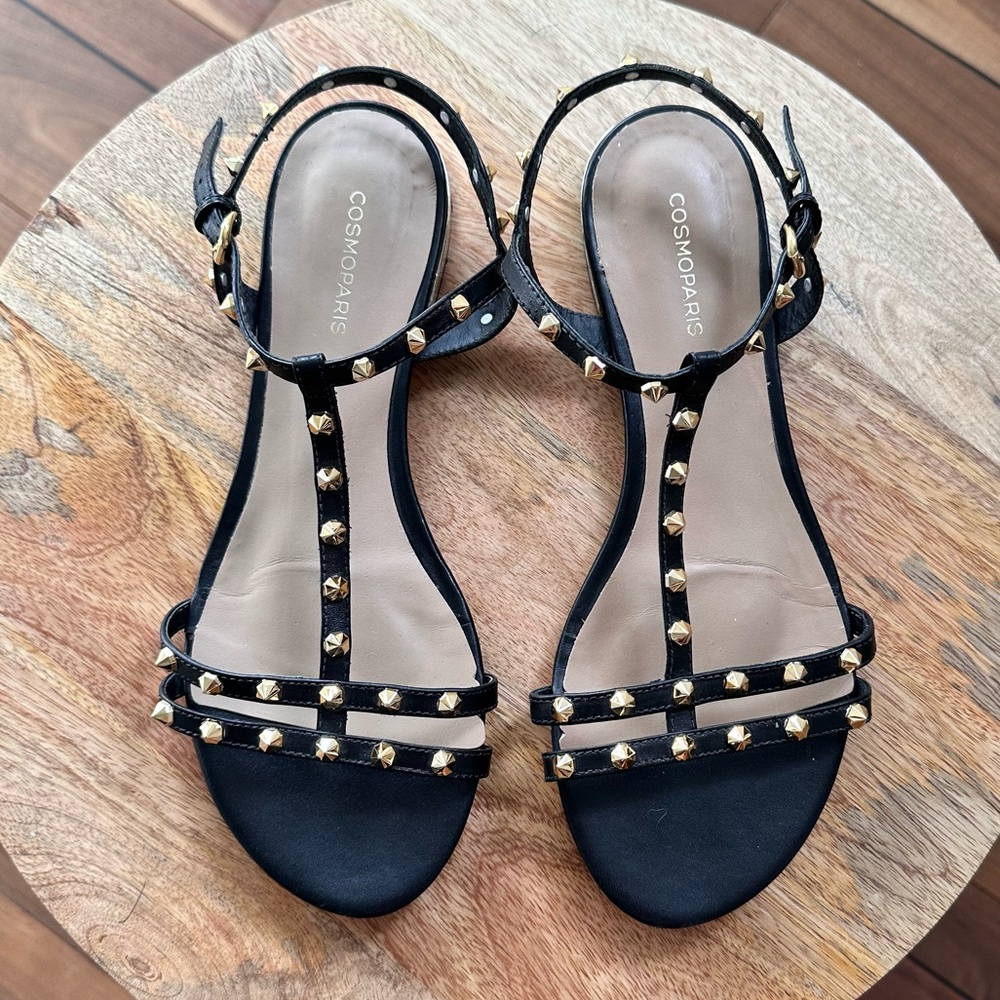 Cosmoparis Black Gold Studded Leather Sandals sz: 8